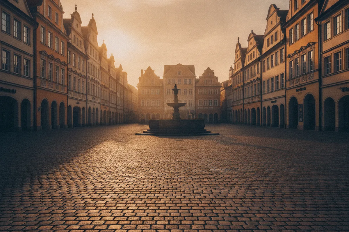 Barocker Marktplatz mit Giebelhäusern im Abendlicht — sinnbildlich für die Innenstadt Bernburg