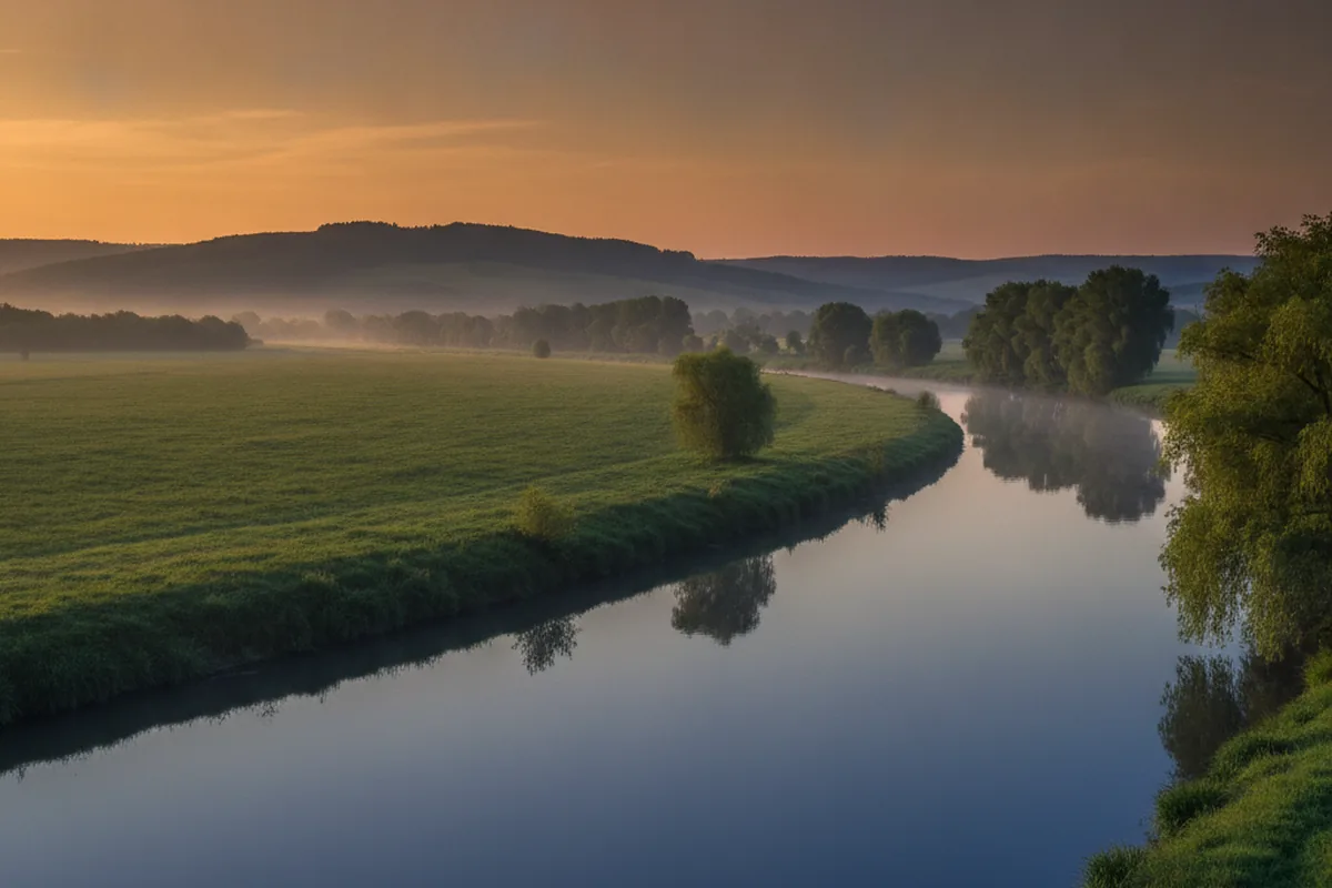 Saalefluss mit Uferweiden und Wiesen bei Abendlicht — sinnbildlich für den Saaletourismus in Bernburg