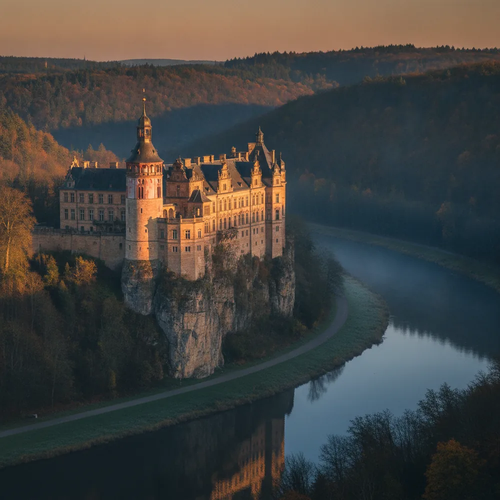 Renaissance-Schloss auf Sandsteinfelsklippe über einem Fluss — sinnbildlich für das historische Bernburg (Saale)